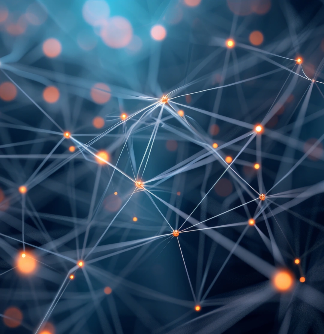 Abstract network illustration with glowing orange nodes and blue background lines.
