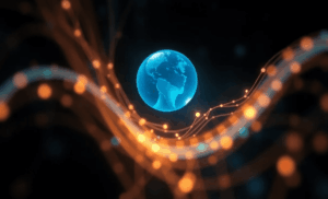Blue Earth illustration with glowing orange network lines on black background.