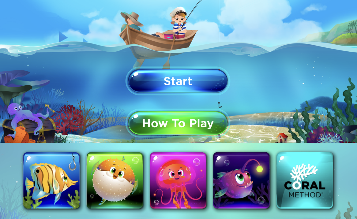 Cartoon sailor fishing above colorful ocean scene with "Start" and "How To Play"