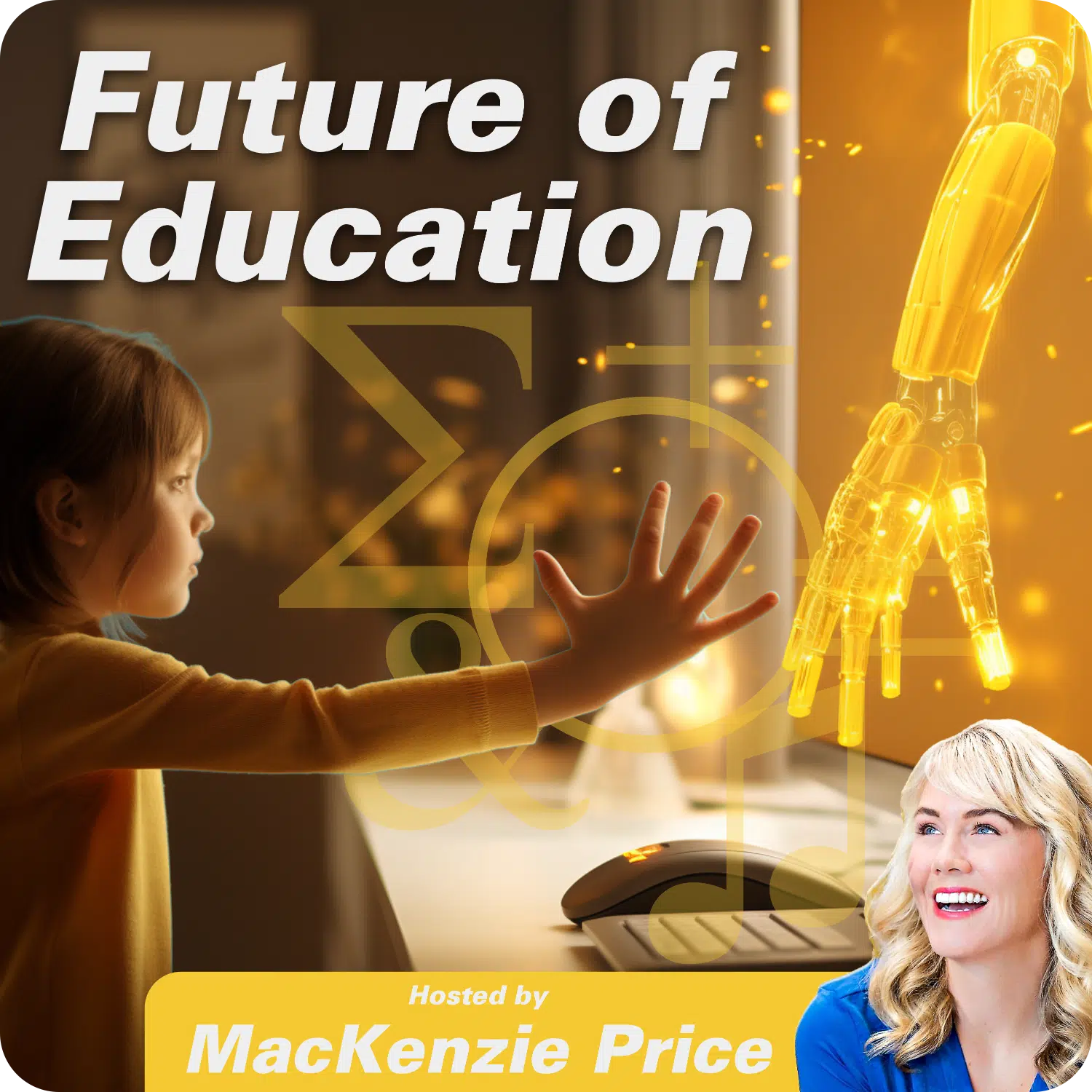 Child reaching for robotic hand, "Future of Education," MacKenzie Price hosting.