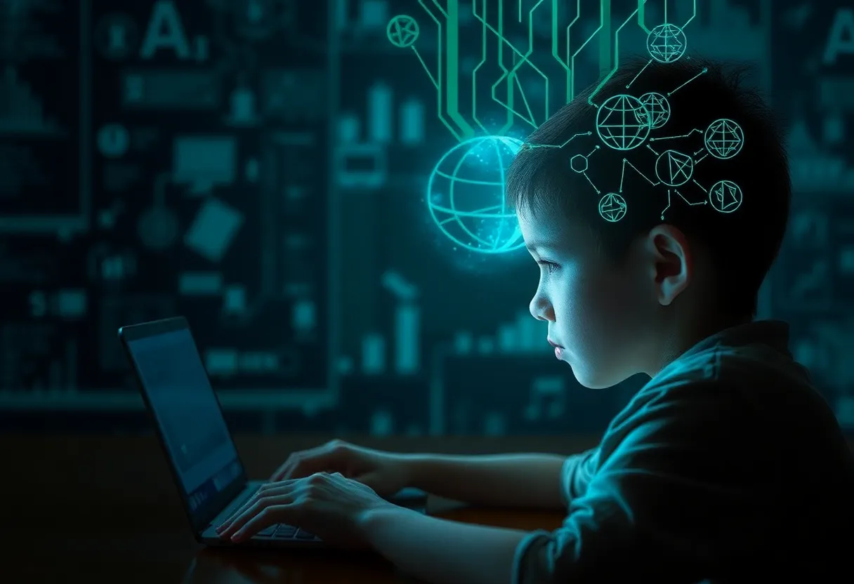 Child using laptop with digital graphics, blue tones, conceptual illustration.