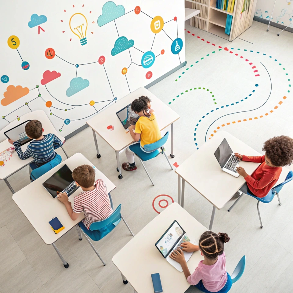 Children using laptops at desks in colorful classroom, featuring educational wall art.