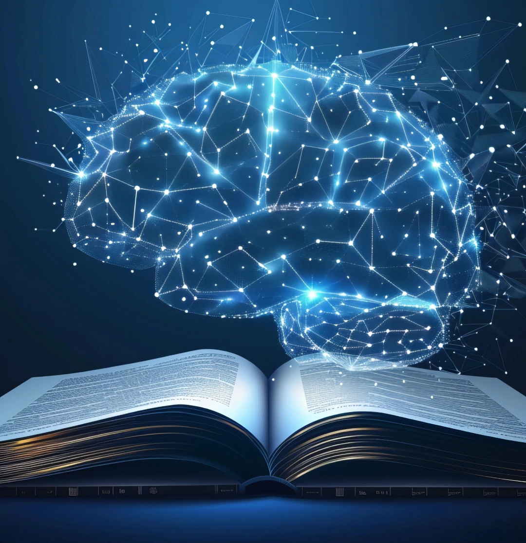 Digital brain hovering over open book, glowing blue, digital illustration.