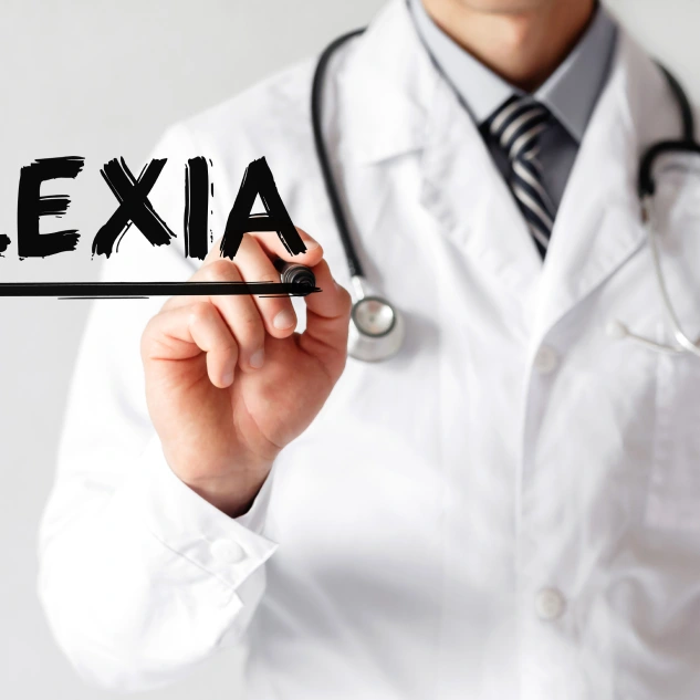Doctor in white coat writing "LEXIA" with marker, photograph style.