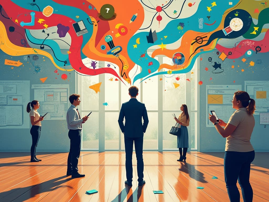 Four people with devices, colorful ideas swirling, digital illustration, no text.
