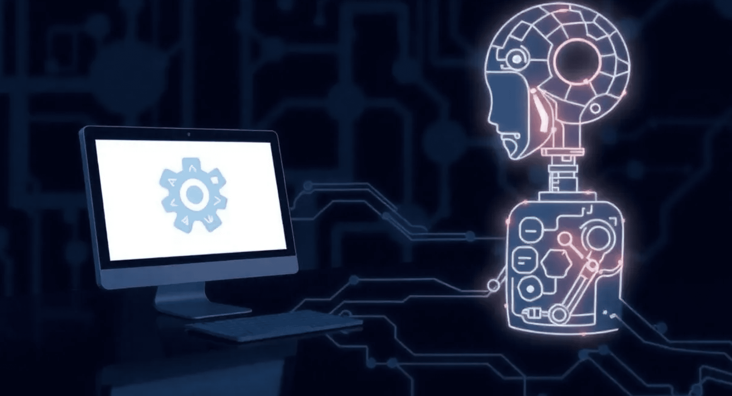 Futuristic robot illustration facing computer with gear icon, dark blue background.