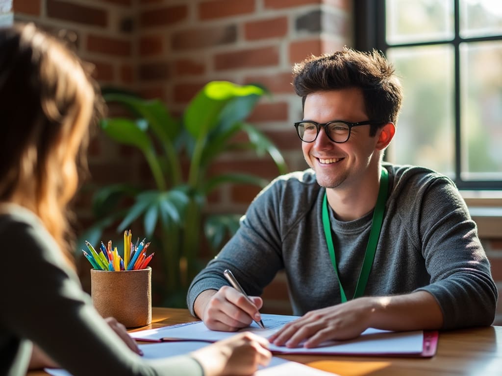 Man smiling while writing, surrounded by colorful pencils, in a photo.
