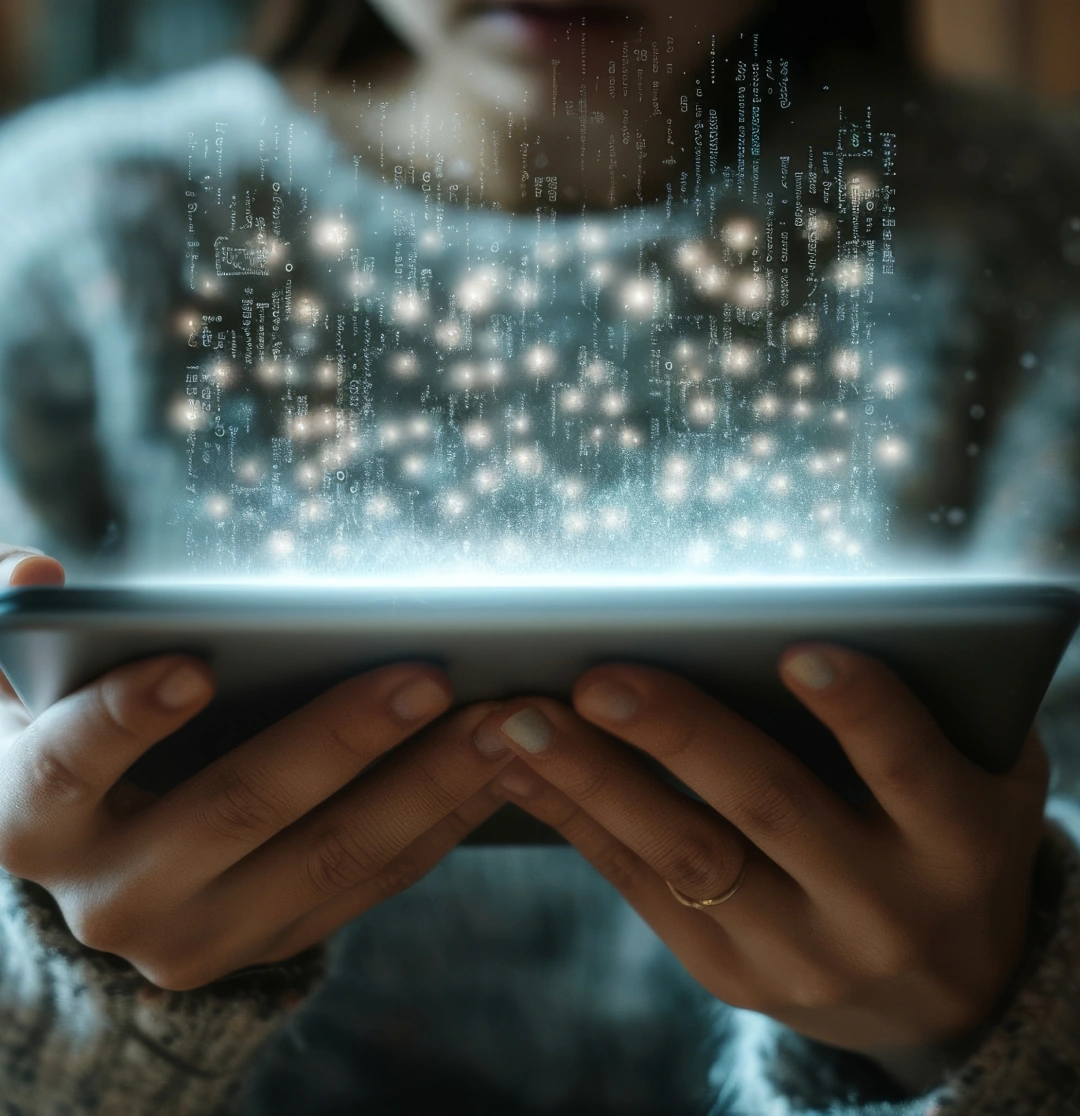 Person holding tablet with glowing text and sparkles, digital illustration.