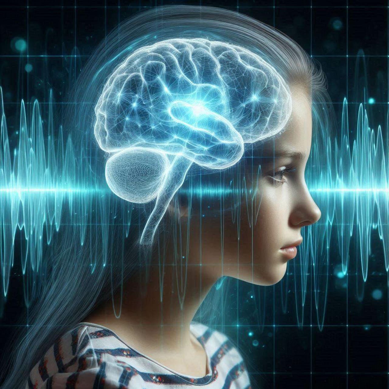 Profile of a girl with glowing brain illustration, blue digital waves.