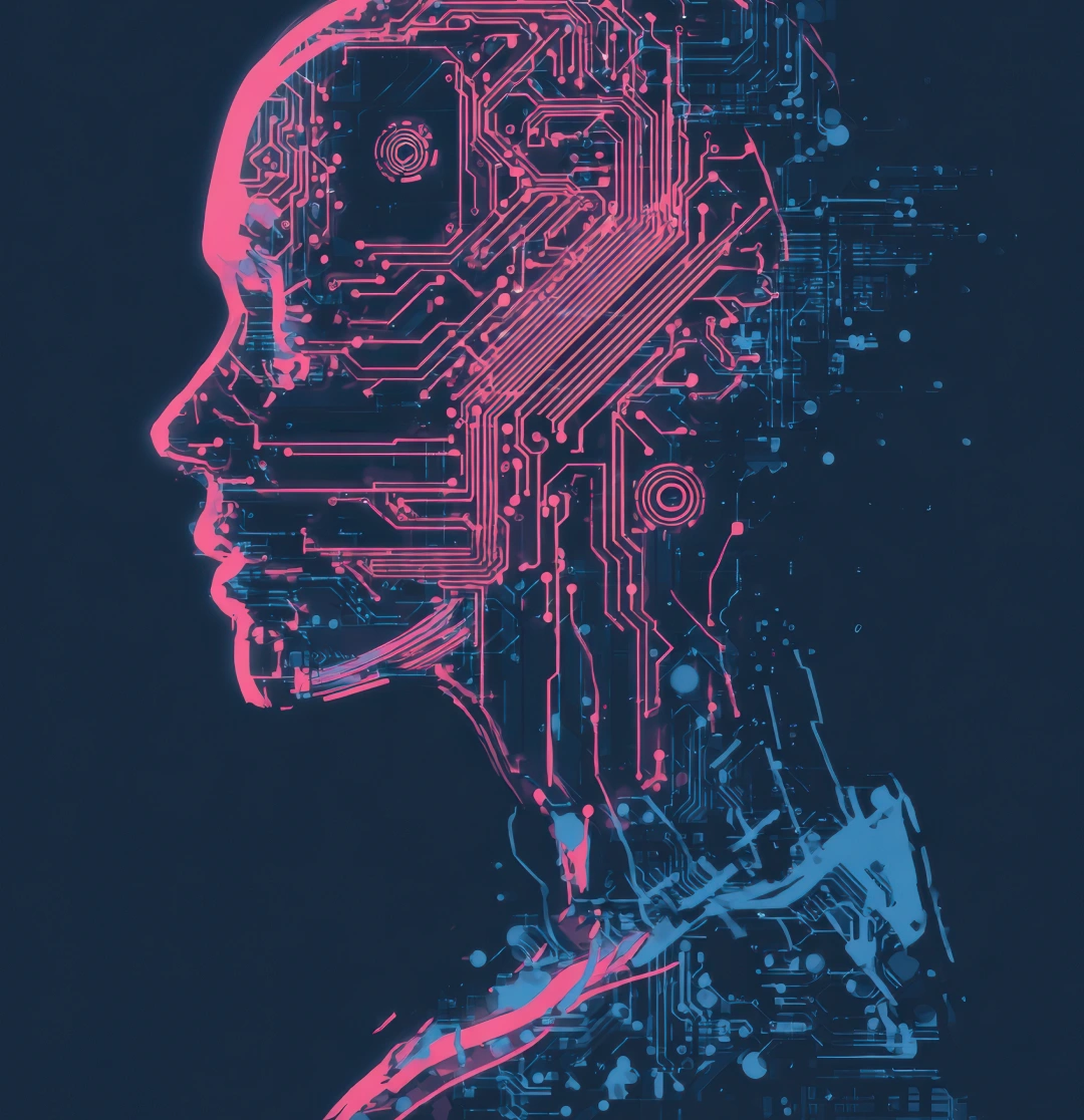 Silhouette of a human head with neon circuitry, digital art style.