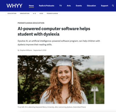 Smiling graduate in cap, article on AI software, WHYY website screenshot.