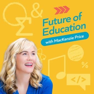 Smiling woman in blue shirt, "Future of Education" text, yellow background.