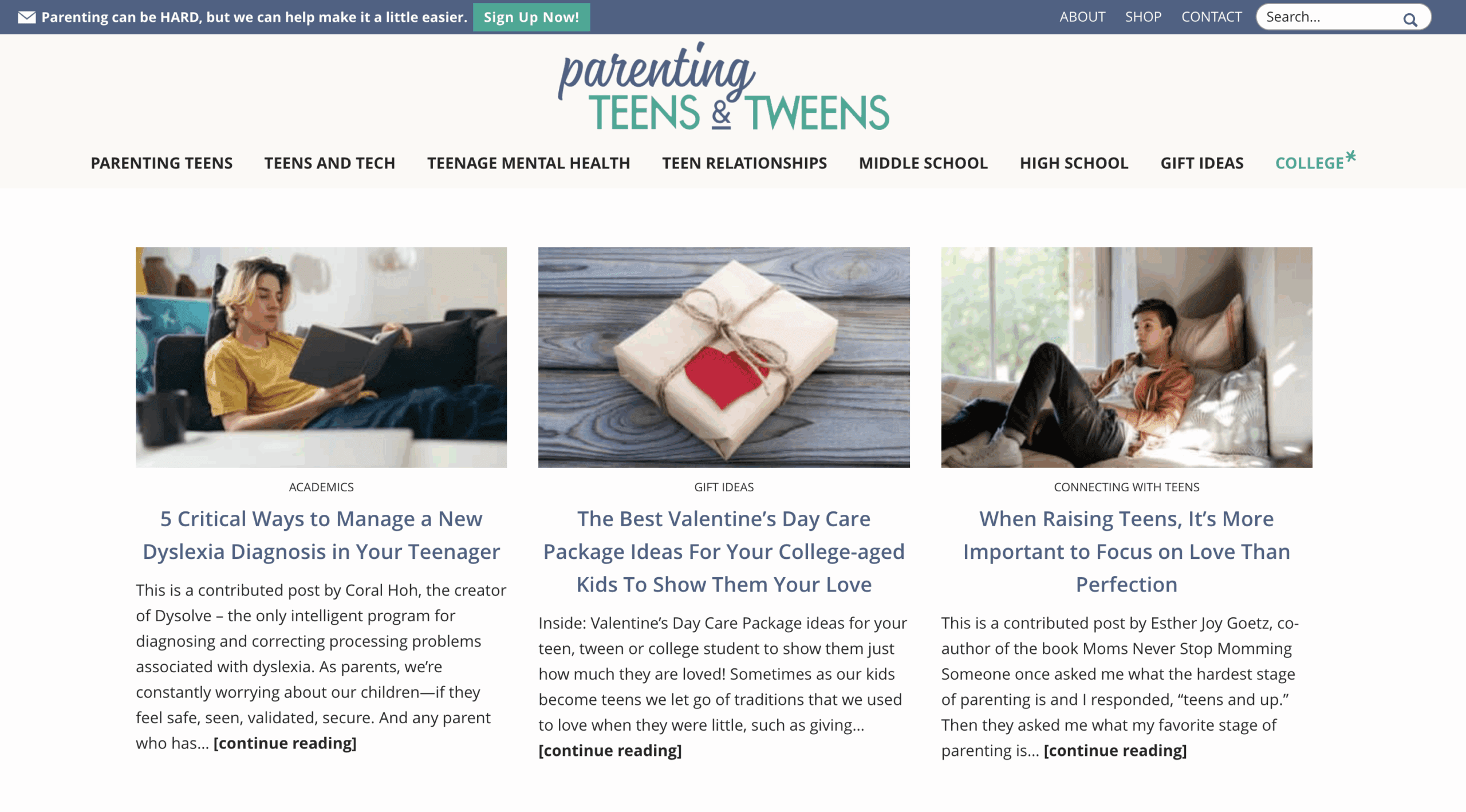 Website screenshot featuring parenting articles, with blue and green text and images.