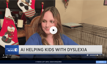 Woman in blue shirt, sitting indoors; "AI Helping Kids with Dyslexia" text visible.