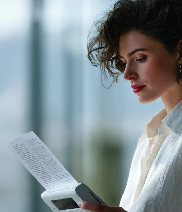 Woman in white shirt reading from a handheld device, blurred background.