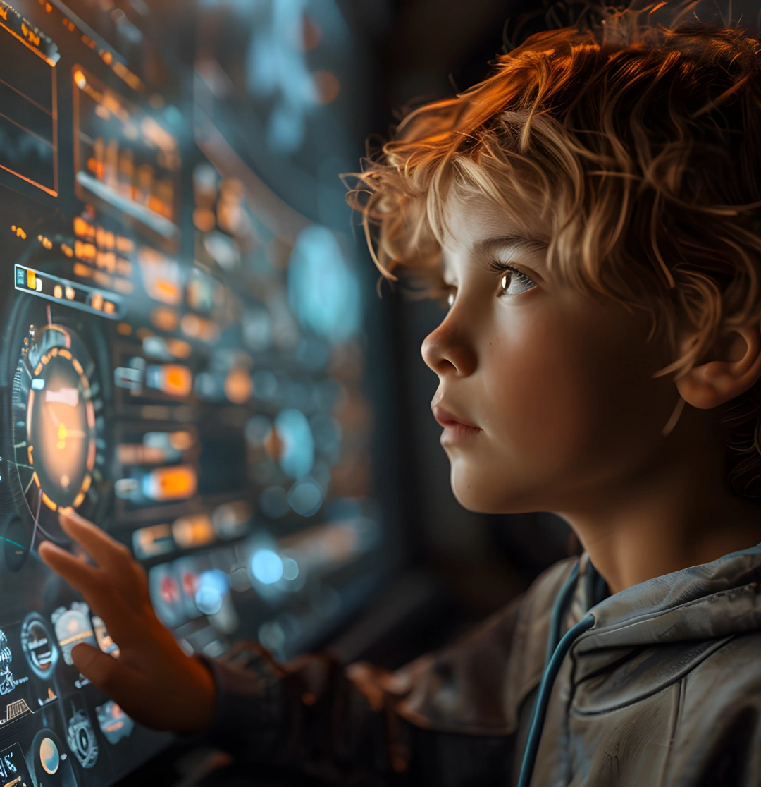 Young boy interacts with glowing futuristic screen, orange and blue hues, digital illustration.