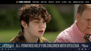 Young person speaking outdoors, wearing plaid, with NBC News and dyslexia text.