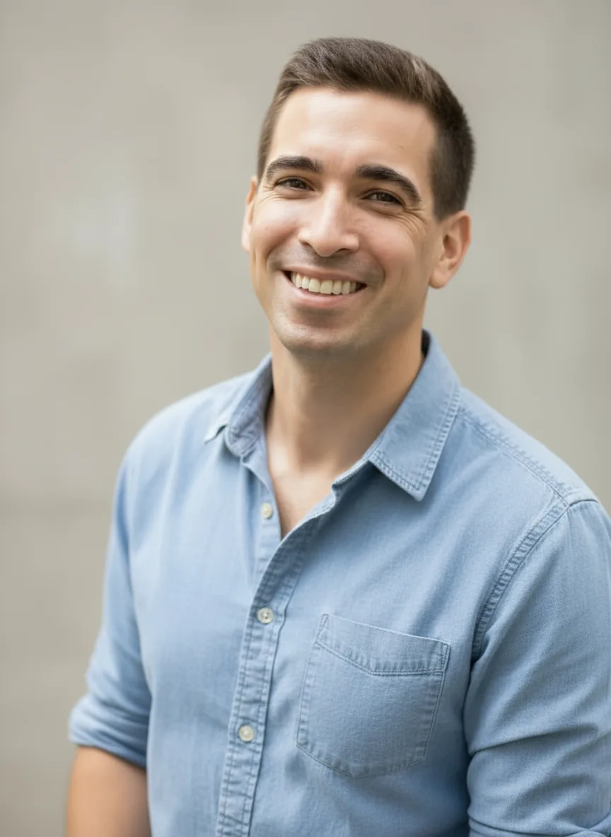 Smiling man in blue shirt against gray background, portrait photo style.