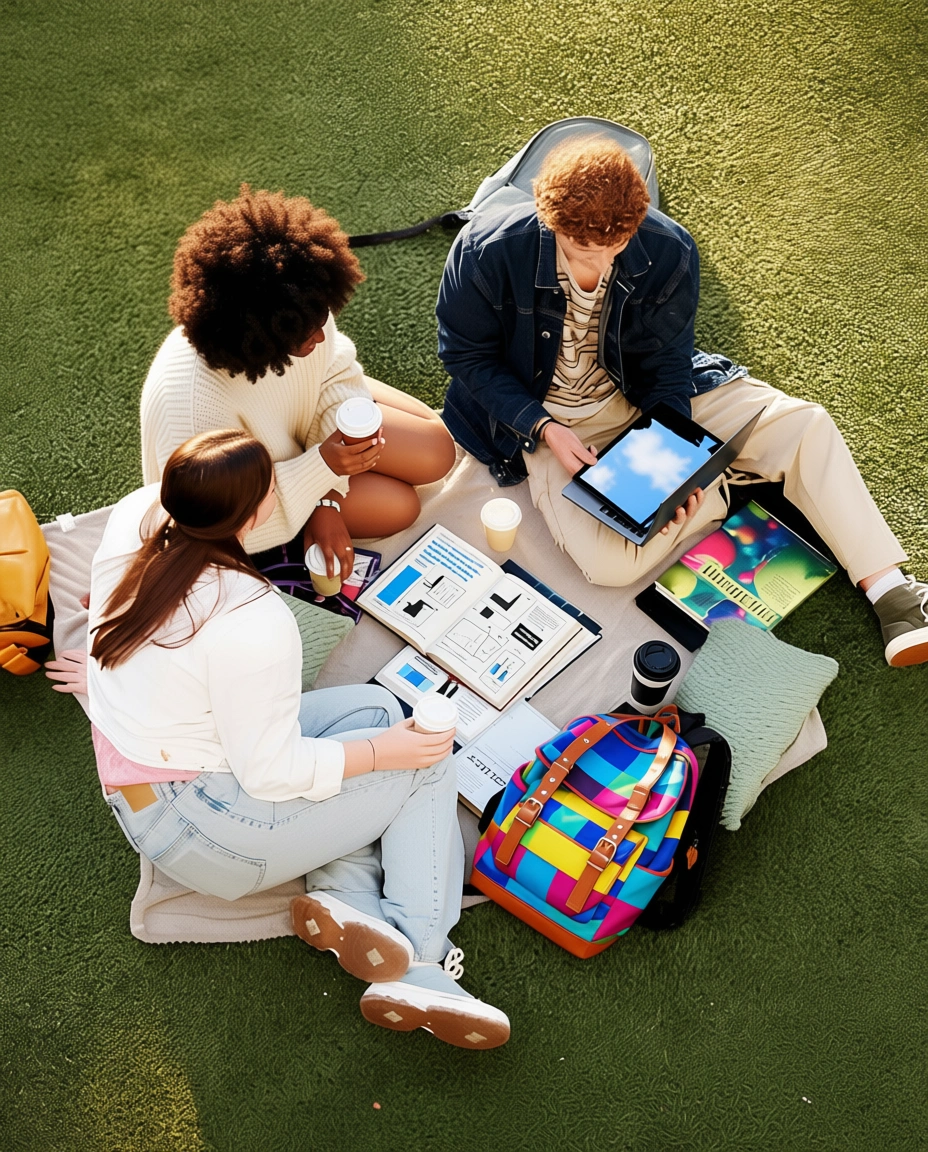 Three people sitting on grass, studying with tablets and colorful backpacks.