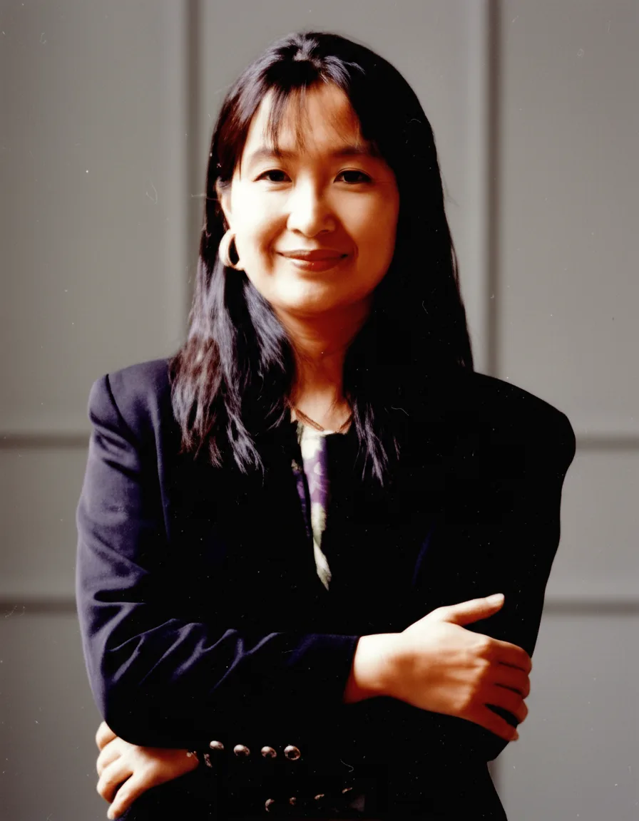 Woman in dark blazer smiling with arms crossed, photographed against gray background.