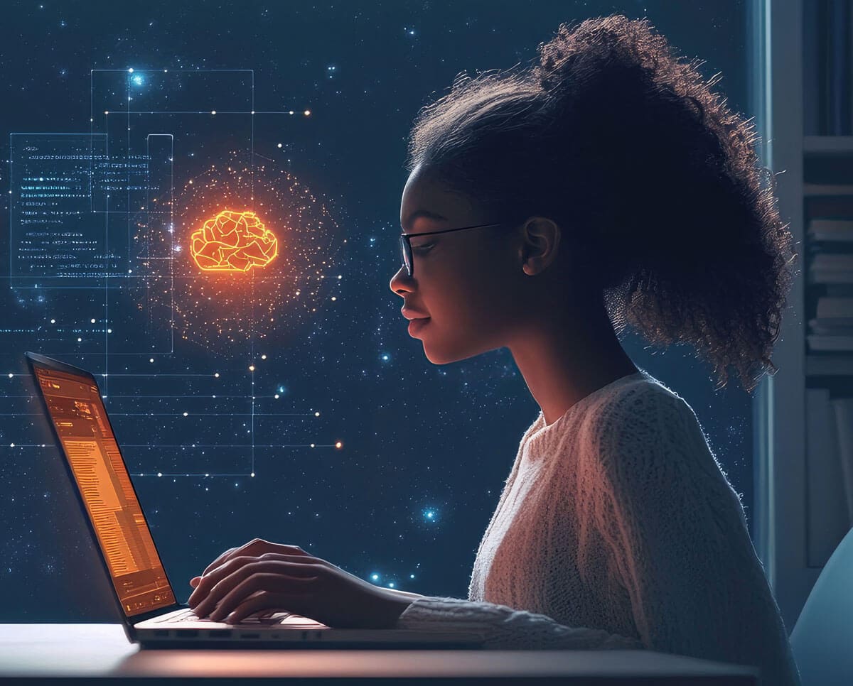 Woman using laptop with glowing brain hologram, dark blue background, digital illustration.